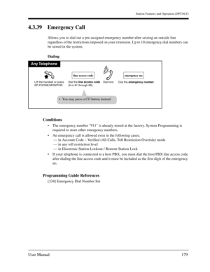 Page 179Station Features and Operation (DPT/SLT)
User Manual179
4.3.39 Emergency Call
Allows you to dial out a pre-assigned emergency number after seizing an outside line 
regardless of the restrictions imposed on your extension. Up to 10 emergency dial numbers can 
be stored in the system.
Dialing
Conditions
The emergency number 911 is already stored at the factory. System Programming is 
required to store other emergency numbers.
An emergency call is allowed even in the following cases;
 — in Account Code –...