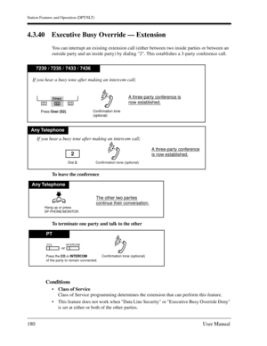 Page 180Station Features and Operation (DPT/SLT)
180User Manual
4.3.40 Executive Busy Override — Extension
You can interrupt an existing extension call (either between two inside parties or between an 
outside party and an inside party) by dialing 2. This establishes a 3-party conference call.
To leave the conference
To terminate one party and talk to the other
Conditions
Class of Service
Class of Service programming determines the extension that can perform this feature.
This feature does not work when Data...