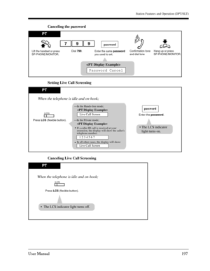 Page 197Station Features and Operation (DPT/SLT)
User Manual197
Canceling the password
Setting Live Call Screening
Canceling Live Call Screening
PT
Lift the handset or press
SP-PHONE/MONITOR.Hang up or press
SP-PHONE/MONITOR.Enter the same password
you used to set.
password
Confirmation tone
and dial toneDial 799.
979

Password Cancel
PT
Press LCS (flexible button).
(LCS)Enter the password.
When the telephone is idle and on-hook;
password

The LCS indicator 
light turns on.If a caller ID call is received at...