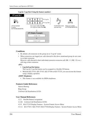 Page 204Station Features and Operation (DPT/SLT)
204User Manual
Log-In / Log-Out (Using the feature number)
Conditions
By default, all extensions in the group are in Log-In mode.
When extensions are logged out, calls directed to the above mentioned group do not come 
in on their extension.
However, calls directed to their individual extension (extension call, DIL 1:1, DIL 1:N, etc.) 
still ring at their extension.

Log-In/Log-Out button 
The Log-In / Log-Out button can be assigned to a flexible CO button....