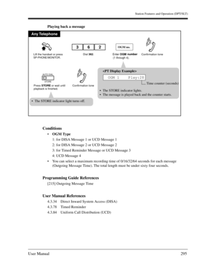 Page 295Station Features and Operation (DPT/SLT)
User Manual295
Playing back a message
Conditions
OGM Type
1: for DISA Message 1 or UCD Message 1
2: for DISA Message 2 or UCD Message 2
3: for Timed Reminder Message or UCD Message 3
4: UCD Message 4
You can select a maximum recording time of 0/16/32/64 seconds for each message 
(Outgoing Message Time). The total length must be under sixty four seconds.
Programming Guide References
[215] Outgoing Message Time
User Manual References
4.3.34 Direct Inward System...