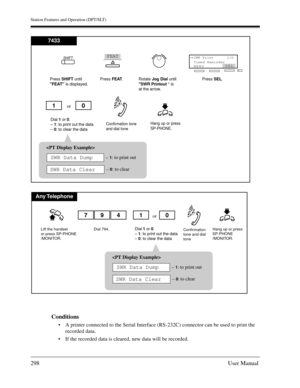 Page 298Station Features and Operation (DPT/SLT)
298User Manual
Conditions
A printer connected to the Serial Interface (RS-232C) connector can be used to print the 
recorded data.
If the recorded data is cleared, new data will be recorded.
Hang up or press
SP-PHONE.
Press SHIFTuntil
FEATis displayed.Press FEAT. Rotate Jog Dialuntil
SWR Printout is
at the arrow.Press SEL.
Confirmation tone
and dial tone 
SHIFTFEATSWR Print
Timed Reminder  
MENU →
SEL
7433
1/0

– 
1: to print out 
– 
0: to clearSWR Data ClearSWR...