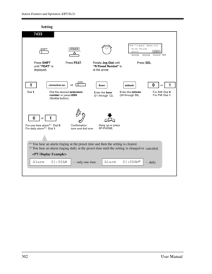 Page 302Station Features and Operation (DPT/SLT)
302User Manual
Setting
Dial the desired extension 
number or press DSS 
(flexible button).
Hang up or press 
SP-PHONE.
Enter the minute 
(00 through 59).
hourminute
For AM: Dial 0. 
For PM: Dial 1.
For one time alarm
*1: Dial 0. 
For daily alarm*2: Dial 1.
or
Confirmation 
tone and dial tone
extension no.
Enter the hour 
(01 through 12).
or
10
or1
Dial 1.
10
(DSS)
7433
Press SHIFT
until “FEAT” is
displayed.Press FEAT.
Rotate Jog Dialuntil
“R-Timed Remind” is
at...