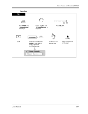 Page 305Station Features and Operation (DPT/SLT)
User Manual305
Canceling
extension no.(DSS)
Dial the desired extension
number      or press
DSSon 
which you have set
the Timed Reminder.Confirmation tone
and dial tone 
0
Dial 0.Hang up or press the
SP-PHONE.
orPress SELECT.
R-Timed Remind→SELECT
MODE
7431
Press MODE until
“Feature Access”
is displayed.Rotate Jog Dialuntil
“R-Timed Remind” is
displayed.
MODE

Alarm Cancelled 