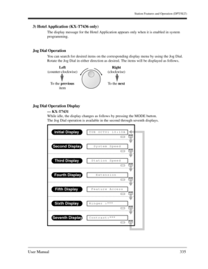 Page 335Station Features and Operation (DPT/SLT)
User Manual335
3) Hotel Application (KX-T7436 only)
The display message for the Hotel Application appears only when it is enabled in system 
programming.
Jog Dial Operation
You can search for desired items on the corresponding display menu by using the Jog Dial. 
Rotate the Jog Dial in either direction as desired. The items will be displayed as follows.
Jog Dial Operation Display
— KX-T7431
While idle, the display changes as follows by pressing the MODE button....