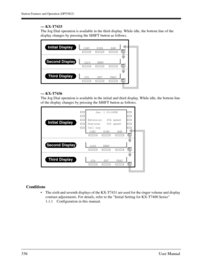 Page 336Station Features and Operation (DPT/SLT)
336User Manual
— KX-T7433
The Jog Dial operation is available in the third display. While idle, the bottom line of the 
display changes by pressing the SHIFT button as follows.
— KX-T7436
The Jog Dial operation is available in the initial and third display. While idle, the bottom line 
of the display changes by pressing the SHIFT button as follows.
Conditions
The sixth and seventh displays of the KX-T7431 are used for the ringer volume and display 
contrast...