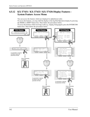 Page 342Station Features and Operation (DPT/SLT)
342User Manual
4.5.12 KX-T7431 / KX-T7433 / KX-T7436 Display Features - 
System Feature Access Menu
You can access the features which are displayed in alphabetical order.
To access the features, you may shift the display to the Jog Dial Operation display by pressing 
the MODE or SHIFT button first. Then follow the procedures below.
To access the features while receiving a call (e.g., ringing, being paged), press the INTERCOM 
button first. Then follow the...