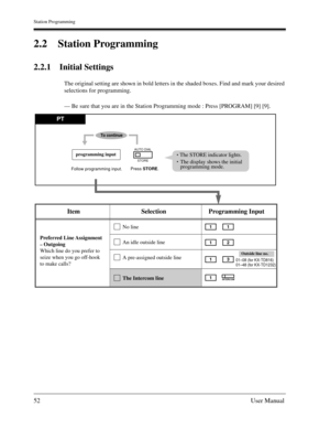 Page 52Station Programming
52User Manual
2.2 Station Programming
2.2.1 Initial Settings
The original setting are shown in bold letters in the shaded boxes. Find and mark your desired 
selections for programming.
— Be sure that you are in the Station Programming mode : Press [PROGRAM] [9] [9].
Preferred Line Assignment
– Outgoing
Which line do you prefer to
seize when you go off-hook
to make calls? 
To enter the programme mode
Item Selection Programming Input
No line
An idle outside line
A pre-assigned outside...