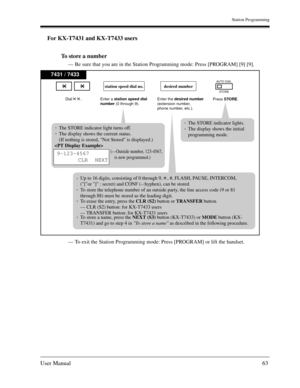 Page 63Station Programming
User Manual63
For KX-T7431 and KX-T7433 users
To store a number
— Be sure that you are in the Station Programming mode: Press [PROGRAM] [9] [9].
— To exit the Station Programming mode: Press [PROGRAM] or lift the handset.
7431 / 7433
Press STORE. Enter the desired number
(extension number,
phone number, etc.).
desired number
Enter a station speed dial
number (0 through 9).
station speed dial no.
AUTO DIAL
STORE
Dial        .
The STORE indicator lights.
The display shows the initial...