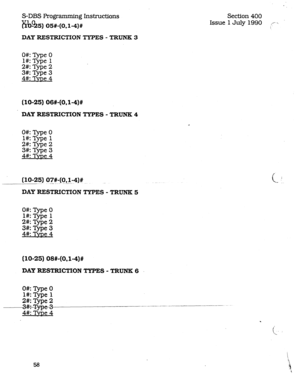 Page 102S-DBS Programming Instructions 
&k&5) 05#-(O,l-4)# 
Section 400 
Issue 1 July 1990 ,,r- . . 
I 
DAY RESTRICTION TYPES - TRTJNE 3 
O#: Type 0 
l#:Type 1 
2#:Type2 
z: E 3  . 
. e4 
(lo-25)06#-(0,1-4)# 
DAYRESTRICTIONTYPES-TRUNK4 
O#: Type 0 
l#: Type 1 
2#:Type2 
3#:Qpe3 
4#:Tvw4 
(10-25) 07#-(0.1:4)# 
--. -.-. 
DAY RESTRICTION TYPES - TRUNK 5 
O#: Type 0 
l#:Type 1 
2#:Type2 
ii: %: 3  . 
. 
4 
(10-25) OS+(0,1-4)# 
DAYRESTRICTIONTYPES-TRUNK6 
O#: Type 0 
l#: Qpe 1 
Z&Type2 
__-___----_._-- ___----- 
....