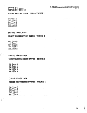 Page 103S-DBS Programming hstructions 
v1.0 
NIGHTRESTRICTIONTYPES-TRUNB:l 
0#: Type 0 
l#: Type 1 
2#:Type2 
3#:Type3 
4#:Tvne4 
___---- 
(10-25) lO#-(OJ-4)# 
NIGHT RESTRICTION TYPES - TRUNK 2 
O#: Type 0 
l#: Type 1 
2#:Type2 
3#:Type3 
4#:TvDe4 
.’ 
.!’ 
(10-25) li#-(0,1-4)# 
NIGEIT RESTRICTION TYPES - TRUNlK 3 
0#: Type 0 
l#: Type 1 
2kType2 
3#:Type3 
4#:TvDe4 
(10-25) 12#-(0,1-4)# 
NIGHT RESTRICTION TYPES - TRUNK 4 
0#: Qpe 0 
l#: Type 1 
2kType2 
3#:Type3 
4#: nTDe 4.--..- . . 
!  