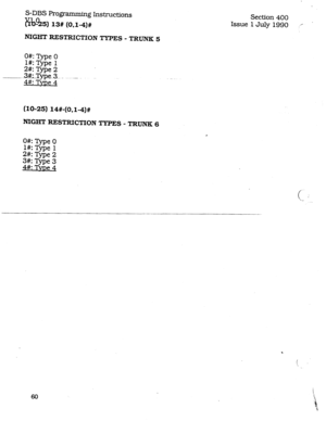 Page 104S-DBS Programming Instructions 
WA 
- 5) 13# (0,1-4)# 
NIGHT RESTRICTION TYPES - TRUNK 5 
Section 400 
Issue 1 July 1990 ..’ 
Ok Type 0 
I#: Type 1 
2#: Type 2 
3&Type..3-. _ -. .._  ___~- 
4#: Tme 4 
(10-25) 14#-(0,1-4)# 
NIGHT RESTRICTION TYPES - TRUNK 6 
a 
Ok 
l#: Type 0 
Type 1 
%: 
2 
3#: Type 
Type 3 
4#: TvDe 4 
i ; 
\. _. 
. 
i 
 
60 
i 
a 
4 
:. 
f  