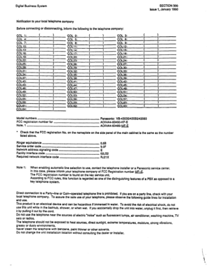 Page 111Digital Business System SECTION 309 
issue 1, January 1990 
Notification to your local telephone company 
Before connecting or disconnecting, inform the following to the telephone company: 
COL 2: ( ) co1 3: ( 1 
COL 5: COL 6: ( 1 
COL a: I ; 
COL 9: ( 1 
CJLl 1 : ( 1 COLl2: ( 1 
COL14: ( 1 CQI 15: ( 1 
COL17: ( ) COLl8: I ) 
COL20: ( 1 COL21: 1 1 
COL23: ( ) coL24: ( 1 
COL26: ( 1 w 27: I 1 
COL29: 
( 1 
CQI m- 
COL32: ( 1 COL33: I ,’ 
COL35: ( 1 COL36: ( ) 
COL38: ( ) 
w 39: ( 1 
COL41: 1 COL42: ( 1...