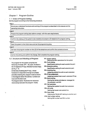 Page 112SECTION 400 (Version  3.0)  DBS 
Issue  1 January  1990  Program 
Outline 
Chapter 1 Program  Outline 
I - 1  Order  of Program  Setting 
Setthe  program  according  to the  following  procedure. 
Step:1  Be  sure  you understand 
functions  and working  of the  program  asdescribed  in  this manual  and the 
operating  instruction. 
Step:2 
Prepare 
the  program  setting data table  to comply  with the users  requirements. 
Step:3 
Confirm  the makeup  of the  system  to be  installed and  prepare LCD...