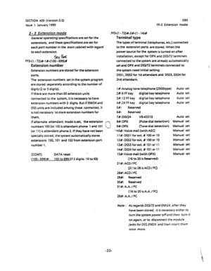 Page 144SECTION 400 (Version 3.0) DBS 
Issue 1 January 1990 FF-3 Extension mode 
3 - 3 Extension mode 
General operating specifications are set for the 
extensions, and these specifications 
are set for 
each port number in the main cabinet with regard 
to each extension. 
FF3-(l -72)#-l#-(loo-699)# . 
Extension number 
Extension numbers are stored for the extension 
portJ. 
The extensi-on numbers set in the system program 
are stored separately according to the number of 
digits (2 or 3 digits). 
If there are...