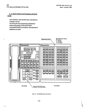 Page 165DBS 
FF-6 Name and Message storing mode 
3 - 6 Name (Name and messaqe storinql 
mode 
Each extension, SSD and PSD name, and absence 
message is stored. 
For 
storing the keys assigned by alphabetical 
letters and symbols of the DSSf72 (DSS 
console}(W3-43320) connected to the attendant’s 
telephone are used. 
SECTION 400 (Version 3.0) 
Issue 1 
January 1990 
Character DATA BS:Step back space 
Panasonic 
M-43225 
Figure DATA(0 to 9) 
Fig 3-l V&43225 and VW3320 
-54- 
VB-43320  