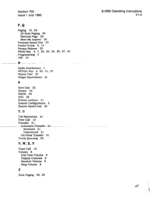 Page 247Section 700 
Issue 1 July 1990 
Paging 10. 29 
AU Zone Paging 30 
Ehtemal Page 29 
Meet-Me Answer 30 
Personal Speed Dial 33 
PooledTnmk 9. 12 
Primcy Release 20 
PROG Key 4. 7. 22, 33, 34. 35. 37. 42 
-. pw!m-g 3 
psD 3