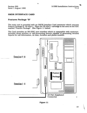 Page 26Section 300 
Issue 1 August 1990 %s S-DBS Installation Instructions 
VI.0 
SMDR INTERFACE CARD 
Features Package “B” 
The main unit is provided with an SMDR Interface Card connector which requires 
Feature Package B, VB-42411. 
Place the VB-42411 cartridge in the area on the KSU 
marked “Feature Package”. (See Figure 11 below) 
The Card provides an RS-232C port interface which is compatible with eustomer- 
provided serial printers or ca.Il-accounting devices capable of generating detailed 
reports for...