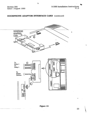 Page 30Section 300 S-DBS Installation Instructions 
Issue 1 August 1990 v1.0 
DOORPHONE ADAPTOR INTERFACE CARD (continued) 
DOORPHONE 
+a 
To 
Relay 2 
To 
Relay 1 
To 
sensor 
( 
-- 
=3 r-u . 
0 
L 
b 
Y 
Figure13 
I 
23 ‘, 
i   
‘.a  