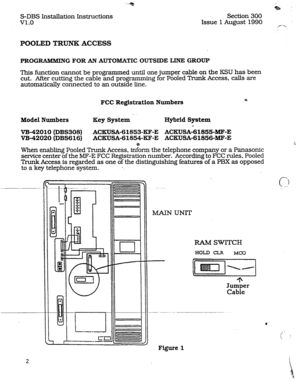 Page 9.,,, * 
& : 
S-BBS Installation Instructions 
Section 300 
v1.0 
Issue 1 August 1990 
r 
POOLED TRUNK ACCESS 
FROGIWIMMING FOR AN AUTOMATIC OUTSIDE LINE GROUP 
This function cannot be programmed until one 
umper cable on the KSU has been 
cut. After cutting the cable and progr amming 2 or Pooled Trunk Access, calls are 
automatically connected to an outside line. 
FCC Registration Numbers c 
Model Numbers 
_ 
Key System Hybrid System 
1 
m-42010 (DBS308) 
ACKUSA-61853~IXF-E ACKUSA-61855~&IF-E 
VB-42020...