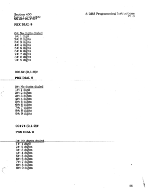 Page 99PBXDIALS 
0#: No dipits dialed 
l#: 1 digit 
2#: 2 digits 
3#: 3 digits 
4#: 4 
5 digits 
5#: digits 
6#: 6 digits 
7#: 7 digits 
8#: 8 digits 
9#: 9 digits 
0016#-(OJ-9)# 
PBXDIAL9 
------- ~_ - ._--_ _ ..- -.-.. .-. 
/*- 
! O#: No digits dialed 
l#: 1 digit 
2#: 2 digits 
3X: 3 digits 
44: 4 digits 
5#: 5 digits 
6#: 6 digits 
7#: 7 digits 
8#: 8 digits 
9#: 9 digits 
0017#-(OJ-9)# 
PBXDIALO S-DBS Programming h&.ructions 
v1.0 
,,y-- 
‘, 
Q#Vd 
l#: 1 digit 
2#: 2 digits 
3#: 3 digits 
4#: 4 digits 
5#:...