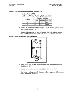 Page 105Installation, Section 300 
Peripheral Equipment 
Issue 2 
August 3.0, 1993 
Table S-10. Switch seatings for abbreviated dialing digit length, VAU 
Switch Block 2 (S W2) 
Abbreviated Dialing Digit Length (Switches 7-8) 
1 
Switch Number of Digits 
1 Digit 
2 Digits 3 Digits 
7 
OFF 
OFF ON 
8 OFF ON 
OFF 
3. 
Remove the cable punch-out plate (Figure 5- 11) to make an opening for the 
cable coming into the VAU. 
To remove the plate, cut the grooves on either side with diagonal cutters. 
Then bend the plate...