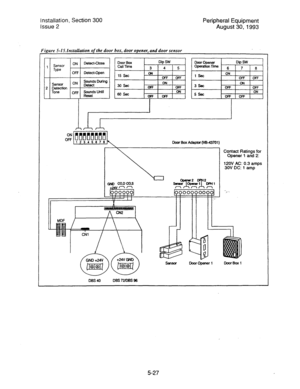 Page 109Installation, Section 300 
Peripheral Equipment 
Issue 2 
August 30,1993 
Figure 5-lS.InstaUation of the door box, door opener, and door sensor 
12345676 DoorBoxAdefstor(vw3701) 
Contact Ratings for 
Opener 1 and 2: 
120V AC: 0.3 amps 
30V DC: 1 amp 
Dl3S40 DBS721llBS96 
5-27  