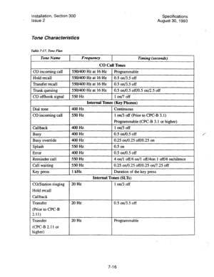 Page 135Installation, Section 300 
Issue 2 Specifications 
August 30,1993 
Tone Characteristics 
Table 7-17. Tone Phn 
Tone Name 1 Frequency 
Timing (seconds) 
CO Call Tones 
CO 
incoming call 550/400 Hz at 16 Hz Programmable 
Hold recall 55OMOO Hz at 16 Hz 
0.5 on/3.5 off 
Transfer recall 550/400 Hz at 16 Hz 
0.5 on/3.5 off 
Trunk queuing 550/400 Hz at 16 Hz 
0.5 on/O.5 off/O.5 on/2.5 off 
CO offhook signal 
550 Hz 
logoff 
Internal Tones (Key Phones) 
Dial 
tone 4OOHz Continuous 
CO incoming call 550 Hz 
1...