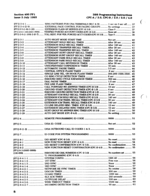 Page 149Section 400 FFl 
DBS Pqpmming Insimction~ Issue 2 July 1993 
WC-A / 3.0, CPC-B / 2.0 / 3.0 / 4.0 
[FFl]-2-4-1 ........................ 
RING PATIFRNS FOR UNA TERMINALS (M.C & Bl 
........... 1 set on 3 set OR ...... 37 
[FFl]-2-4-(2-g) ................... 
EXTERNAL PAGE CONTROL FOR PAGING CROUPS .......... No settings ............... 37 
ml]-2-5-(l-8)-( l-20) ............ 
EXIENSION CIASS OF SERVICE (CPC-B 3.0) 
........................ Class 0 
...................... 
37 
l~11-2~~1-100)-@001-~l.. .......