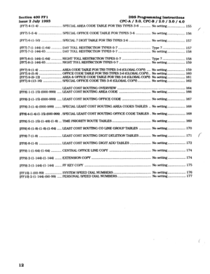 Page 153Section 400 FFl DBS Rogramming Instructions 
Issue 2 Jdy 1993 WC-A / 3.0, CPC-B / 2.0 / 3.0 / 4.0 
[FF7]-4-( l-4) . . . . . . . . . . . . . . . . . . . .._. SPECIAL AREA CODE TABLE FOR TRS TYPES 3-6 . . . . . . .._.. 
No setting 
. . . . . . . . . . . . . . . . . . 
155 
/ 
[FF7]-5-n-4) . . . . . . .._ _ . . . . . ..__..... SPECIAL OFFICE CODE TABLE FOR TYPES 3-6 
. . . . . . . . . . . . . . . No set% . . . . . . . . . . ~ . . . . _.. 
156 
[FF7]-6-(l-50) . . . . .._..._.......... SPECIAL7 DIGVTABlE...