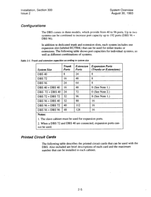 Page 18Installation, Section 300 
System Overview 
Issue 2 
August 30, 1993 
Configurations 
The DBS comes in three models, which provide from 40 to 96 ports. Up to two 
systems can be combined to increase port capacity up to 192 ports (DBS 96 + 
DBS 96). 
In addition to dedicated trunk and extension slots, each system includes one 
expansion slot (labeled EC/TRK) that can be used for either trunks or 
extensions. The following table shows port capacities for individual systems, as 
well as different...