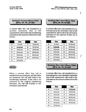 Page 183Section 400 FFl 
Issue 2 July 1993 DBS Programming Instnmtions 
WC-A / 3.0. CPC-B / 2.0 / 3.0 / 4.0 
A central office line call transferred to 
another extension that is left 
unanswered, will recall to the transferring 
extension in the amount of time set in this 
feature. A central office line call transferred to a 
hunt group by the attendant, that is left 
unanswered, will recall to the attendant 
extension in the amount of time set in 
this feature. 
o/t NolhA 7# 14osfxmds on No Recall fry...