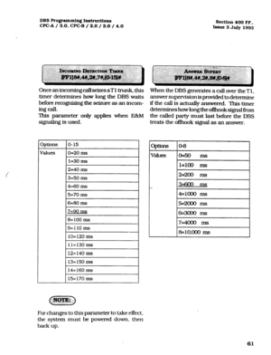 Page 202DBS Programming Instructions 
CPC-A / 3.0, CPC-B / 2.0 / 3.0 / 4.0 Section 400 FF, 
Issue 3 July 1993 
Once anincomingcallseizes aT1 trunk+ this 
timer determines how long the DBS waits 
before recognizing the seizure as an incom- 
ingcall. 
This parameter only applies when E&M 
signaling isused. 
I 5=70 ms 7 
I 
12= 140 ms l 
When the DBS generates a call over the Tl, 
answer supervision is provided to determine 
if the call is actually answered. This timer 
determines how long the oflhook signal Tom...