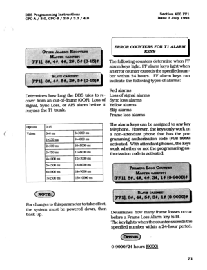 Page 212DBS Programming Insl~~ctions 
WC-A / 3.0, CPC-B / 2.0 / 3.0 / 4.0 Section400 FFl 
bsue 3 July 
1993 
Determines how long the DBS tries to re- 
cover from an out-of-frame (OOF), Loss of 
Signal, Sync Loss, or AIS alarm before it 
resyncs the Tl trunk. 
Options lo-15 
I 
values lo=o~ 18=3cxIoms I 
1=250 ms 9=4oooms 
2=500 ms lO=SCCIO ms 
13=7SOms 111=6OOOms 1 
14=1OOOms ~12=7OOOms I 
I5=1500 ms 
I 13=8000 ms I 
6=2000 ms 14=9000 ms 
7=2500 ms lS=loooO ms 
For changes to this parameter to take effect, 
the...