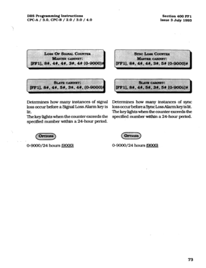 Page 214DBS Programming Instructions 
WC-A / 3.0, CPC-B / 2.0 / 3.0 / 4.0 Section 400 FFl 
Issue 3 July 1993 
Determines how many instances of signal Determines how many instances of sync 
loss occur before a Signal Loss Alarm key is 1ossoccurbeforeaSyncLmsAkmnkeyislit. 
lit. The keylightswhenthecounterexceedsthe 
The key lights when the counter exceeds the specified number within a 24hou.r period. 
specitM number within a 24-hour period. 
73  