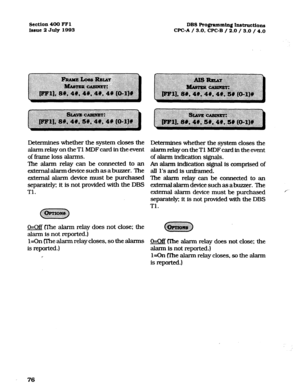 Page 217Section 400 FFl DBS Programming Instructions 
Issue 2 July 1993 CPC-A / 3.0. CPC-B / 2.0 i 3.0 / 4.0 
Determines whether the system closes the 
alannrelayontheT1MDFcardintheevent 
of fi-ame loss alarms. 
The alarm relay can be connected to an 
external alarm device such as a buzzer. The 
external alarm device must be purchased 
separately; it is not provided with the DBS 
Tl. 
O=Off CIhe alarm relay does not close: the 
alarm is not reported.) 
l=On me alarm relay closes, so the alarms 
is reported.)...