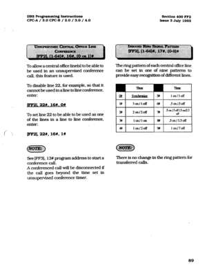 Page 230DBS Programming Instructions 
WC-A 
/ 3.0 WC-B / 2.0 / 3.0 / 4.0 Section 400 FF2 
Issue 3 July 1993 
To allow a central ofike line(s) to be able to 
be used in an unsupervised conference 
call, this feature is used. 
To disable line 22, for (xample, so that it 
cannot be used in aline to line conference, 
enter: 
JFKBl. 22#. 16W. OW 
To set line 22 to be able to be used as one 
of the lines in a line to he conference. 
enter:. 
c ‘> m], 22W. 16#, l# 
See [FF3], 13# program address to start a 
conference...