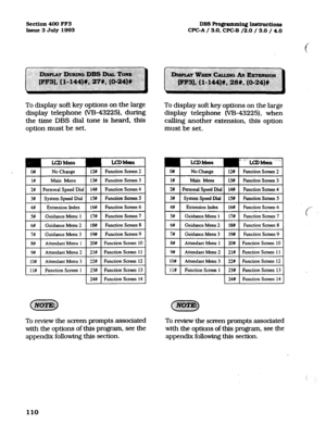 Page 251Section 400 FF3 DB3 Programming Instructtons 
Issue 3 July 1993 WC-A / 3.0. CPGB /2.0 / 3.0 / 4.0 
To display soft key options on the large 
display telephone (VB-43225). during 
the time DBS dial tone is heard, this 
option must be set. To display soft key options on the large 
display telephone (VB-43225). when 
calling another extension, this option 
must be set. 
o# 
1# No Change 
Main Menu 12# Function Saeen 2 
lut Function Saeen 3 
2# Personal Speed Dial 14# Function Screen 4 
3# System Speed Dial...