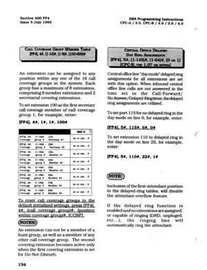 Page 275Section 400 FF4 
Issue 
3 July 1993 DBS Ro@ammiq Inst~ctions 
-C-A/ 3.0, WC-B / 2.0 / 3.0 / 4.0 
An extension can be assigned to any 
position within any one of the 16 call 
coverage groups in the system. Each 
group has a maximum of 8 extensions, 
comprising 6 member extensions and 2 
secretarial covering extensions. 
To set extension 
100 as the first secretary 
caIl coverage member of call coverage 
group 1, for example, enter: 
[FF4], 48, I#, l#, lOO# 
;&&; ,t 
:,. 
iFF41. 41. ‘1-1611. ‘1)X....