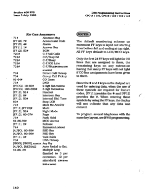 Page 281Section 400 FFS 
luue SJuly1993 DBSRo~rammin~Instructio~ 
WC-A 
/ 3.0, CPC-B / 2.0 / 3.0 / 4.0 
KEYQDE- 
71# Absence Msg 
[FFlZ], 7# Accountant Code 
[FF121, 4# Alarm 
[FFll]. l# Answer Key 
[FF12], 53# BGM 
720# C-F/Au calls 
721# C-F/BusyNA 
722# C-F/Busy 
723# C-F/CO Line 
7248 
C-F/NA(c~~~versoo 
@=aerer) 
79# 
Direct Call Pickup 
70# Group Call Pickup 
Ol-64# CO Lines 
73# DND 
[PROG], lo-69# 2 d&it E7clxnsions 
[PROG], lOO-699# 3 dlgtt I3dm!3ions 
[FF12], 51# Headset 
[FF12), 8# Intercom Key...