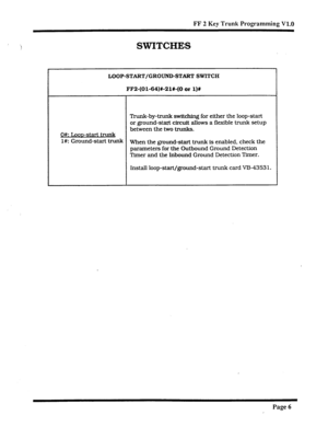 Page 328FF 2 Key Trunk Programming V1.0 
SWITCHES 
LOOP-START/GROUND-START SWITCH 
FF2-(Ol-64)#-21%-(0 or l)% 
Trunk-by-trunk switching for either the loop-start 
or ground-start circuit allows a flexible trunk setup 
between the two trunks. 
O#: Loowstart trunk 
l#: Ground-start trunk 
When the ground-start trunk is enabled, check the 
parameters for the Outbound Ground Detection 
Timer and the Inbound Ground Detection Timer. 
Install loop-start/ground-start trunk card V-B-4353 1. 
Page 6  