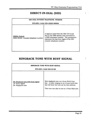 Page 350FF 3 Key Extension Programming V2.0 
DIRECT-IN-DIAL (DID) i -*. 
 
DID DIAL OUTSIDE TELEPHONE NUMBER 
FF3-(OOl-144)#-35#-(0000-9999)# 
A signal is sent from the DID CO-trunk 
QOOO#: Default line to the DBS system and converted to 
0000-9999#: Outside telephone number a DBS extension number. The parameters 
represent the last four digits of the DID 
outside telephone number. 
RINGBACK TONE WITH BUSY SIGNAL 
RINGBACK TONE WITH BUSY SIGNAL 
FF3-(OOl-144)#-36#-(0-2)X 
Q#: Rirwback tone with busv siQnd 
l#:...