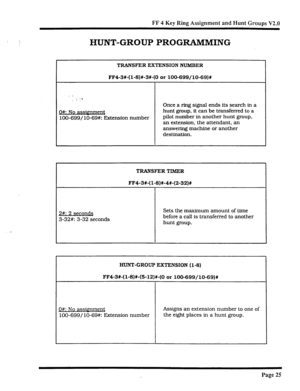 Page 354FF 4 Key Ring Assignment and Hunt Groups V2.0 
HUNT-GROUP PROGWiMMING 
I ._ 
_ ..: : . 
D#: No assirmment 
lOO-699/ lo-69#: Extension number 
TRANSFER EXTENSION NUMBER 
FF4-3#-( l-8)#-3#-(0 or lOO-699/10-69)# 
Once a ring signal ends its search in a 
hunt group, it can be transferred to a 
pilot number in another hunt group, 
an extension. the attendant. an 
answering machine or another 
destination. 
TRANSFER TIMER 
FF4-3#-( l-8)%-4#-(2-32)# 
2#: 2 
seconds 
3-32#: 3-32 seconds Sets the maximum amount...