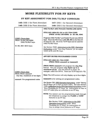 Page 359FF 5 Ker Flexible Feature Assignment V2.0 
MORE FLEXIBILITY FOR FF KEYS 
FF KEY ASSIGNMENT FOR DSS/72/BLF CONSOLES 
145: DSS 1 for First Attendant 
147: DSS 1 for Second Attendant 
146: DSS 2 for First Attendant 
148: DSS 2 for Second Attendant 
DSS/72/BLF AND POOLED-TRUNK-LINE KEYS 
FFS-(145-148)X-(01-24) or (Oi-72)#-CONF- 
(PROG lo-69/100-699#) or (81-86, 89#1 
CONE Clears data 
PROG lo-69/1OO-699#: 
DSS/72/BLF keys 
81-86, 89#: MC0 keys Pmgrams DSS/72/BLF and Pooled-Trunk-Line (MCO) 
keys. Store the...