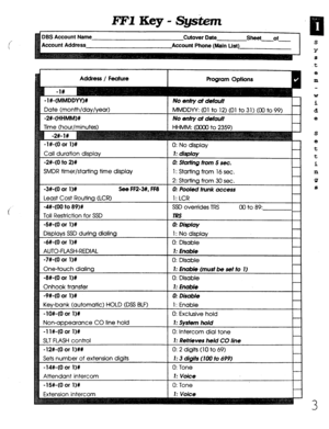 Page 369EFIKey-Sgskem 
Account Address 
SMDR timer/starting time display 1: Starting from 16 sec. 
One-touch dialin 
-9#-(0 or l)# 
0: DisaWe 
Key-bank (automatic) HOLD (DSS BLF) 
1: Enable 
-lO#-(0 or 11% 0: Exclusive hold 
Non-appearance CO line hold 1: System ho/d 
-1 l#-(0 or l)# 0: Intercom dial tone 
SLT FLASH control 1: Retrieves he/d CO line 
-12#-(0 or I)## 0: 2 digits (10 to 69) 
Sets number of extension digits 1: 3 digiis (100 to 699) 
-14#-(Oar 1)X 0: Tone 
Attendant intercom 1: Voice 
-15#-(0 or 1)X...