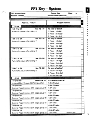 Page 373PFlKey-System 
Account Address 
Address / Feature 
-14#-(1 to 316 See FF2-13# 
Automatic pause after dialing 6 
-W-(1 to 3)# See FF2-13# 
Automatic pause after dialing 7 
-l#-(1 to 3)# See FF2-13# 
Automatic pause after dialing 8 
-17#-(1 to 3)# See FF2-13# 
Automatic pause after dialing 9 
-18#-(1 to 3M See FF2-13# 
Automatic pause after dialing 0 
-l#-(0 or l)# See FF4- 1#, 2# 
Universal Nigtif‘ Answer (UNA) ring pattern 
-2#-(0 or l)# 
External Page Interface (EPI) page group OC 
-3#-(0 or l)#...