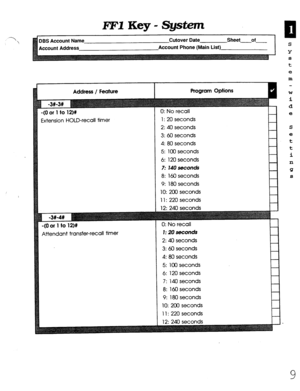 Page 375RF1 Key - System 
Account Address Account Phone (Main List) 
Address / Feature 
-(O or 1 to 12)X 
Extension HOLD-recall timer 
-(O or 1 to 12)# 
Attendant transfer-recall timer 0: No recall 
1: 20 seconds 
2: 40 seconds 
3: 60 seconds 
4: 80 seconds 
5: 100 seconds 
6: 120 seconds 
7: 
14Oseconds 
8: 160 seconds 
9: 180 seconds 
10: 200 seconds 
11: 220 seconds 
0: No recall 
I: 20 
seconds 
2: 40 seconds 
3: 60 seconds 
4: 80 seconds 
5: 100 seconds 
6: 120 seconds 
7: 140 seconds 
8: 160 seconds 
9:...