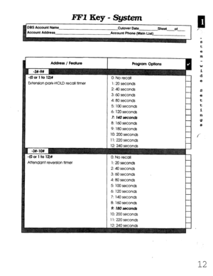 Page 378FFY Key - Sgstem 
BS Account Name 
ccount Address Cutover Date Sheet of 
Account Phone (Main List) 
Address / Feature 
&tension park-HOLD recall tlmer 
(0 or 1 to 12)# 
Wendant reversion timer 0: No recall 
1: 20 seconds 
2: 40 seconds 
3: 60 seconds 
4: 80 seconds 
5: 100 seconds 
6: 120 seconds 
7: 140 seconds 
8: 160 seconds 
9: 180 seconds 
10: 200 seconds 
11: 220 seconds 
0: No recall 
1: 20 seconds 
2: 40 seconds 
3: 60 seconds 
4: 80 seconds 
5: 100 seconds 
6: 120 seconds 
7: 140 seconds 
8: 160...