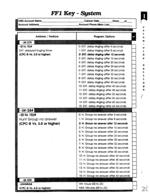 Page 386FFIKey-System 
DBS Account Name Cutover Date Sheet of 
Account Address Account Phone (Main List) 
Address / Feature 
EXT. delayed ringing timer 
(WC-6 Vs. 3.0 or higher) 
Hunt Group no answer 
(CPC-B Vs. 3.0 or higher) 
-(HHMMM 
(WC-B Vs. 4.0 or higher) 0: EXT. delay ringing after 4 seconds 
1: EXT. delay ringing after 8 seconds 
2: EXT. deby thgbhg crlyer 12 seconds 
3: EXT. delay ringing after 16 seconds 
4: EXT. delay ringing after 20 seconds 
5: EXT. delay ringing after 24 seconds 
6: EXT. delay...