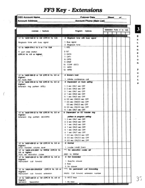 Page 403FlQ Key - JZxtensions 
DES Account Name 
kcount Address Cutover Oate sheet of 
Account Phone (Main List) 
Address / Foaturo 
-(I to 14&#-36#-(0 to 2H (WC-B Vs. 3.0) 
RIngback tone wtth busy signal 
-(l to lU)#-37#-(1 to 3 or 7 to 13H 
Tl port class station 
(CF’C-B Vs. 4.0 or hQh.0 
. . c 
-(l to 144)#-3W-(0 or l# (WC-B Vs. 3.0 or 
hlghor) 
SLT hook flash 
-(l to 144H-39#-(0 to 9H (WC-B Vs. 3.0 or 
hlghorl 
Extension ring pattern MTEL) 
-(l to ~MH-39#-(0 to PM (CPC-B Vs. 3.0 or 
hlghor) 
Extension ring...